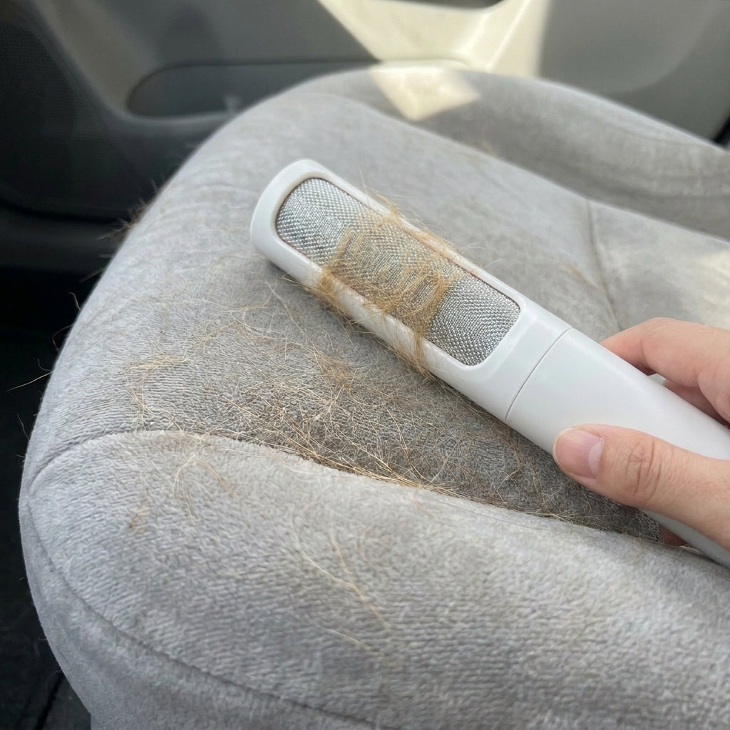 A white handheld pet hair remover brush being used on a gray fabric car seat, with visible tan pet fur being lifted away by the person's hand.
