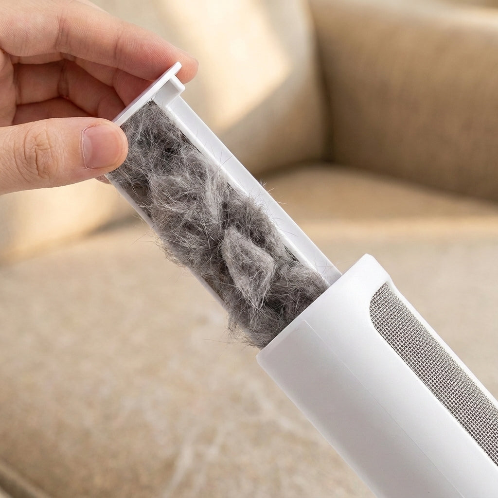 A close-up of a hand holding a transparent cylindrical filter or container filled with gray pet fur, shown against a beige sofa background.