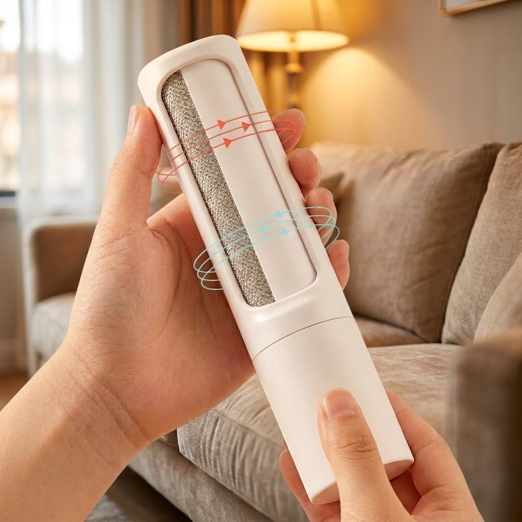 A person holds a white handheld pet grooming brush with a gray bristle section in a living room setting with a couch and lamp in the background.