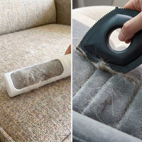 A split-screen demonstration of a pet hair remover tool. The left panel shows the white and gray roller attachment picking up loose pet fur from a beige fabric armchair.
